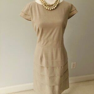 Tahari linen dress cap sleeves lined women's size 10 tan , knee length